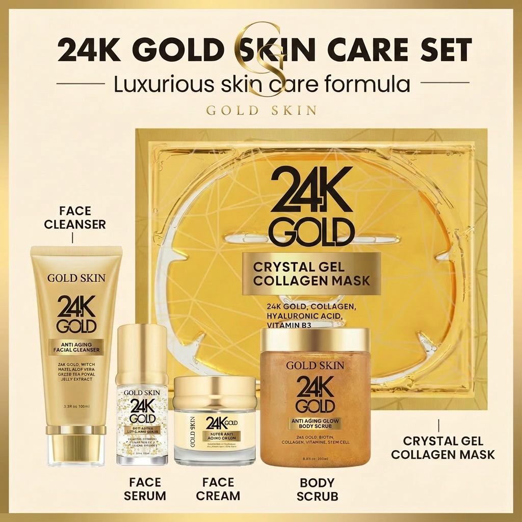 Gold Skin 24K complete skincare set — face cleanser, serum, cream, body scrub and crystal gel collagen mask infused with 24k gold