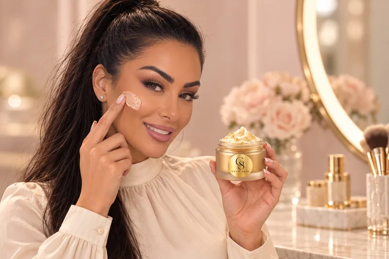 Natalia applying Gold Skin Gold Glow Moisturiser to her cheek while holding the jar