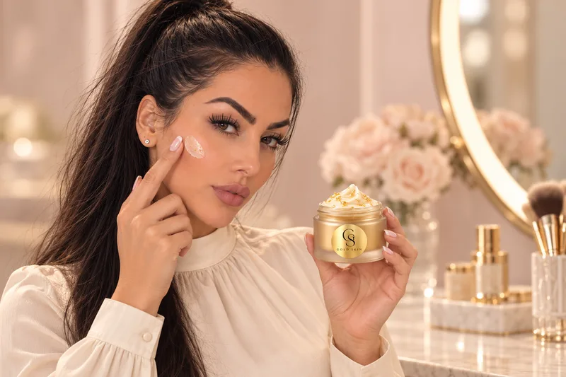 Natalia applying Gold Skin Gold Glow Moisturiser to her cheek while holding the jar