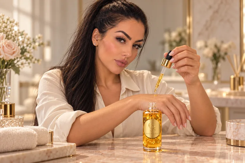 Natalia applying a drop of Gold Skin Gold Shimmer Body Oil to her hand beside the bottle
