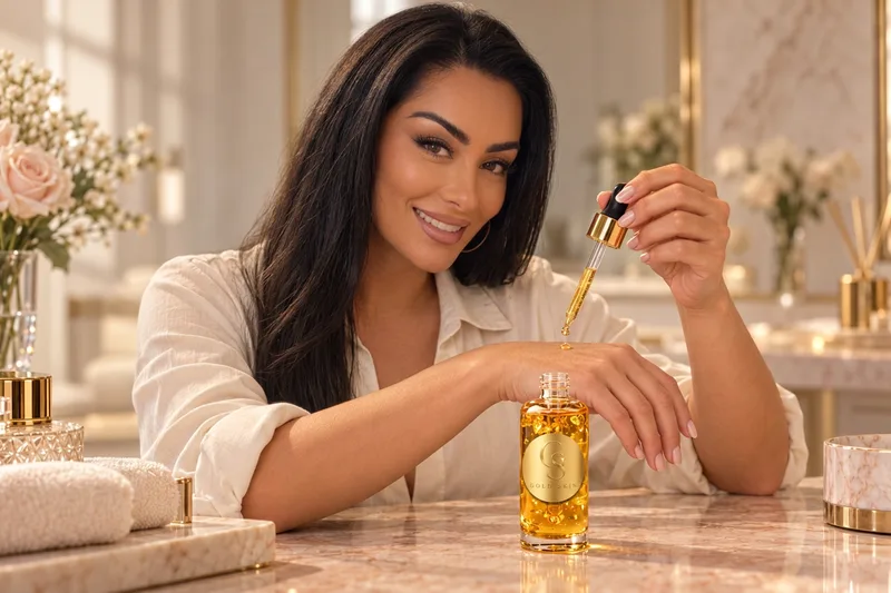 Natalia applying a drop of Gold Skin Gold Shimmer Body Oil to her hand beside the bottle