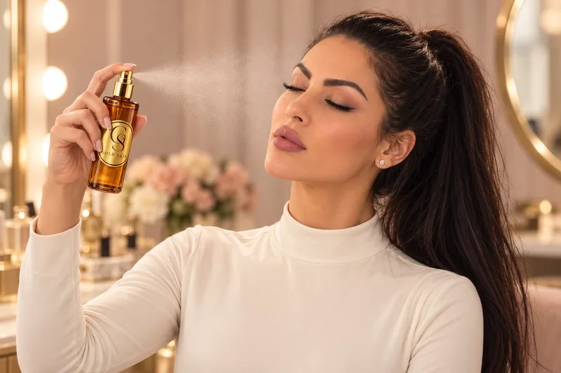 Natalia spraying Gold Skin Shimmering Gold Mist toward her face