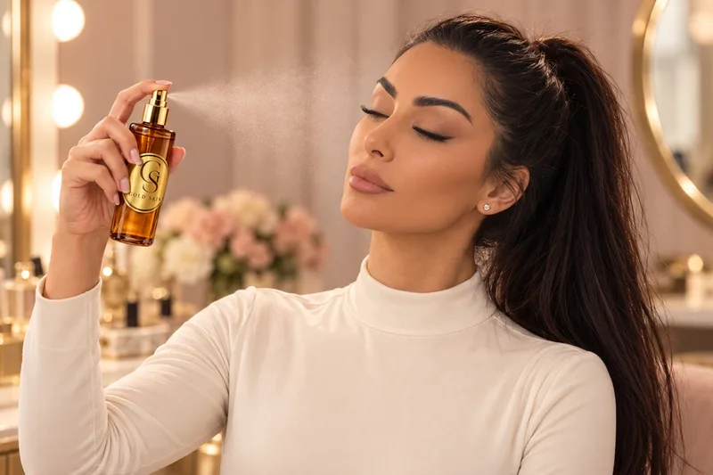 Natalia spraying Gold Skin Shimmering Gold Mist toward her face