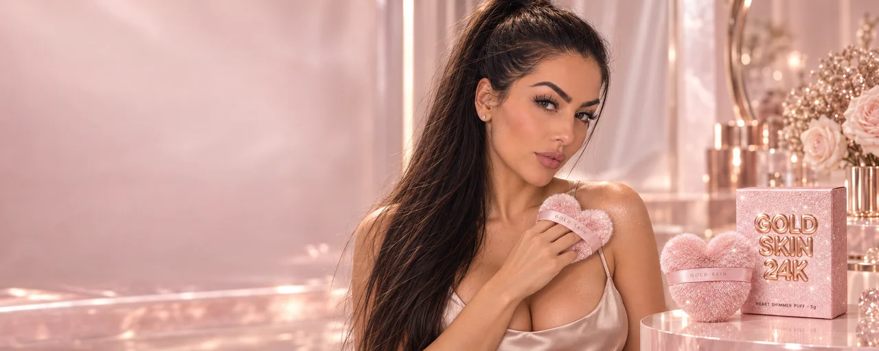 Natalia applying the Gold Skin Heart Shimmer Puff to her shoulder beside its pink Gold Skin 24K box